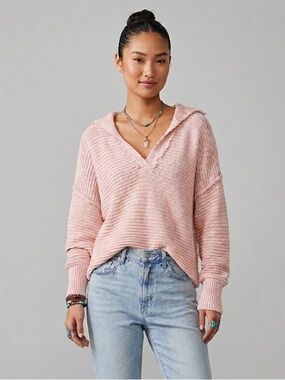 Free People Dusty Pink V Neck Sailor Collar Long Sleeve Sweater Size Small